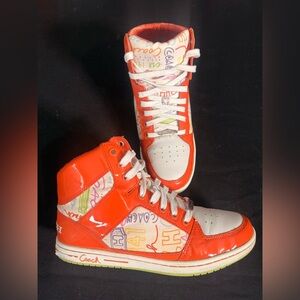 Coach Orange Patent High-Top Sneakers with Multicolor Logo Print Size 8.5